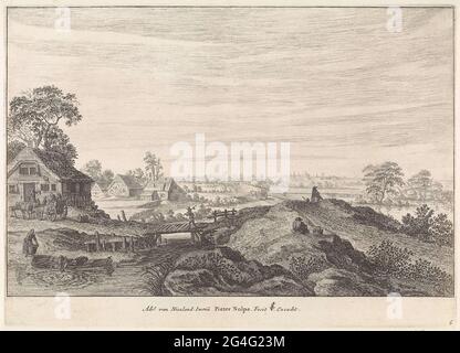 . Es gibt einige Bauernhöfe in einer Landschaft. Am Haus links ist eine Kutsche ruhig, deren Pferde trinken. Links zieht ein Mann aus einem Boot ein Fischernetz aus dem Wasser. Rechts ist ein Mann auf dem Deich. Drucken Sie aus einer Reihe von Landschaften. Stockfoto