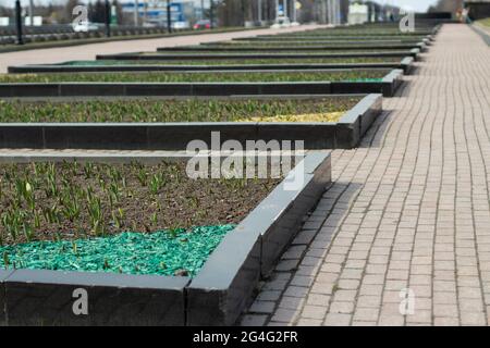 Blumenbeet in der Stadt. Land für die Pflanzung von Pflanzen in einem großen Blumenbeet. Vorbereitung der Stadt für das Pflanzen von Blumen in Blumenbeeten. Stockfoto