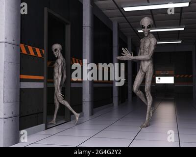 3d-Illustration von zwei Aliens, die in einem Korridor laufen, wobei einer durch eine Tür geht. Stockfoto