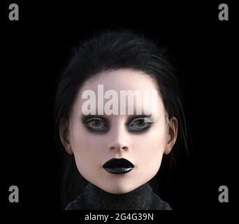 3d-Illustration einer exotischen Frau mit dunklem Haar, schwarzem Make-up und ohne Augenbrauen auf schwarzem Hintergrund. Stockfoto