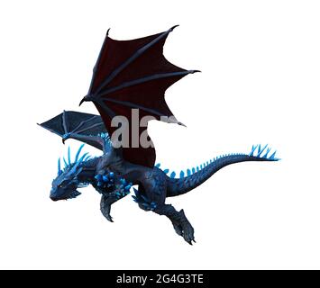3d-Darstellung eines blauen Drachen, der isoliert auf weißem Hintergrund fliegt. Stockfoto