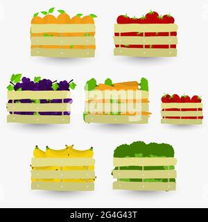 Obst- und Gemüsekiste. Holzkisten mit Obst und Gemüse. Isoliert mit Schatten. Stock Vektor