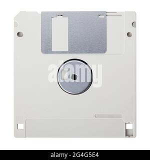 Graue Diskette mit leerem Etikett auf weißem Hintergrund, Beschneidungspfad Stockfoto