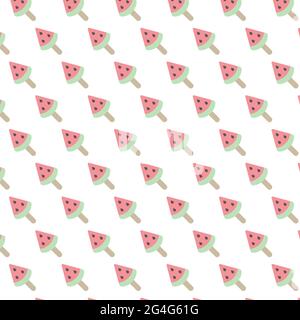 Wassermelonen-Muster. Hintergrund mit Wassermelonenscheiben auf einem Stock ähnlich wie ein Eis. Vektorgrafik, flaches Design Stock Vektor
