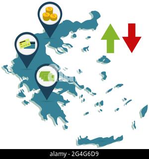 Karte von Griechenland. Kartenstecknadel mit Münzen, Währung und Kreditkarte. Zwei Pfeile nach oben und unten. Stock Vektor