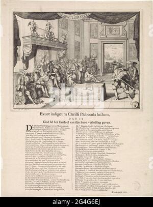 . Karikatur auf den traurigen Staat Frankreich unter der Herrschaft von König Ludwig XIV., 1692. Louis XIG ist traurig in der Thronhalle. Links der weinende Jacobus II. Und der Grand Dauphin, hinter dem König seine Frau Madame de Maintenon. Rechts zwei Jesuit, darunter Pater Peters, Wilhelm Egon von Fürstenberg und andere. Auf einem Tisch in der Mitte ein Kleidungsstück mit Phaëthon im Solarauto, Krone und einem Abdruck der Schlacht am Kap La Hogue. Auf dem Boden ein bemehlter protestantischer Gefangener. Aus einem Mörser wird eine Kugel abgefeuert. Durch die Türansicht der Kriegsgewalt in der Dauphiné. Stockfoto