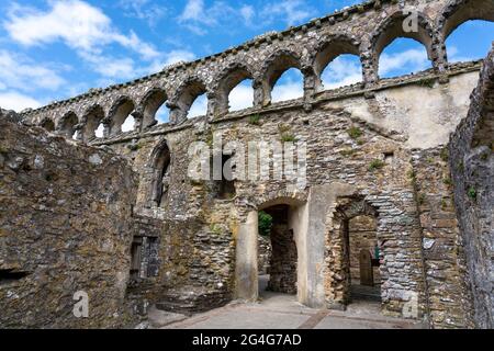 Der Bishop's Palace in der St. David's Cathedral in Pembrokeshire South Wales, Großbritannien, mit seiner markanten Arkadenumartung aus kariertem Stein Stockfoto