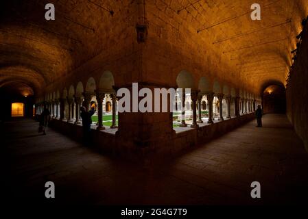 Kloster des Klosters Sant Cugat del Vallès in der Abenddämmerung - blaue Stunde (Barcelona, Katalonien, Spanien) ESP: Claustro del Monasterio Stockfoto