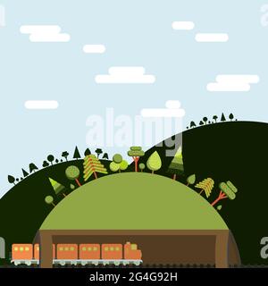 Trainieren Sie durch den Tunnel. Landschaft mit Bergen, Bäumen und blauem Himmel. Flaches Design. Stock Vektor