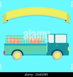 LKW mit Schweinen. Leeres Menüband zum Einfügen von Text. Stock Vektor