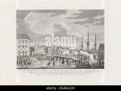. Die Eroberung der Katzenburger-Brücke zur Insel Kattenburg auf dem rebellischen Orangen-zims durch die bewaffneten Amsterdamer Bürger, 30. Mai 1787. Linker Teil des Land Sea Magazins. Stockfoto