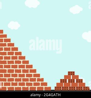 Ziegelwand wird zementiert. Stapel von Ziegelsteinen neben der Wand. Blauer Himmel im Hintergrund. Stock Vektor