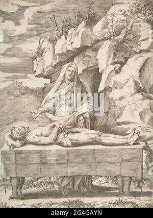 Pieta, Christus streckte sich auf einem Tisch in einer Landschaft, die Jungfrau steht hinter offenen Armen, 1531-76. Stockfoto