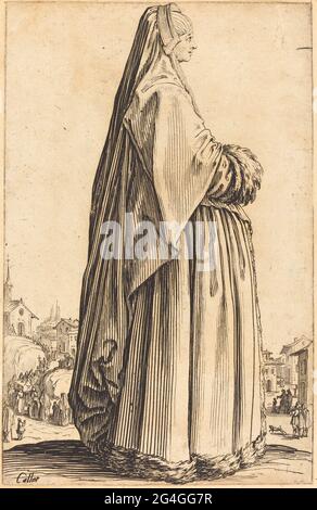 Edle Frau trägt einen Schleier und ein Kleid in Pelz getrimmt, c. 1620/1623. Stockfoto