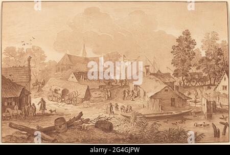 Dorf mit Teich, c. 1782. Stockfoto