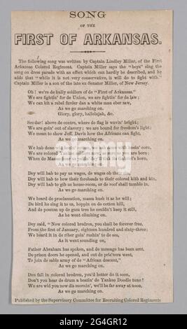 Das 'Marching Song of the First Arkansas Colored Regiment' war ein Lied aus der Zeit des amerikanischen Bürgerkriegs mit Texten, die dem weißen Offizier des Regiments, Captain Lindley Miller, zugeschrieben wurden. In dem Lied prahlen schwarze Soldaten, die in der Unionsarmee kämpfen, dass sie die Konföderierten schlagen und „Baumwolle hacken“ und „Mais hacken“ lassen. Das Lied ist nach der Melodie der methodistischen Hymne "Sag, Brüder, wirst du uns begegnen." Die Texte wurden vom Aufsichtsausschuss für die Rekrutierung farbiger Regimenter gedruckt. Stockfoto