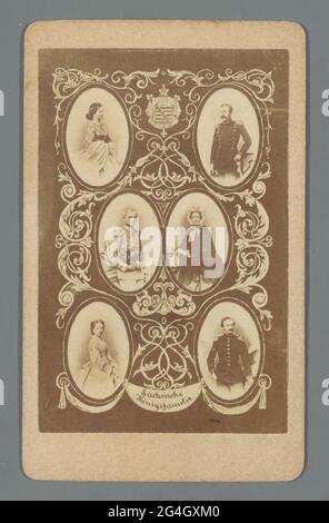 Komposition aus 6 Porträts von Mitgliedern der Königlichen Familie Sachsen. Komposition aus 6 Porträts von Mitgliedern der sächsischen Königsfamilie: Zentral Johann I. und seine Frau Amalie Auguste von Bayern, über Albert I. und seine Frau Carola von Wasa-Holstein-Gottorp, unter Georg und seiner Frau Maria Anna von Portugal. Stockfoto