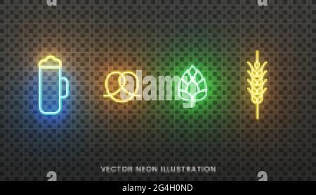 Neonikonen zum Oktoberfest. Helles Zeichen von Bierglas, Brezel, Hopfen und Weizenohr für das Oktoberfest Stock Vektor