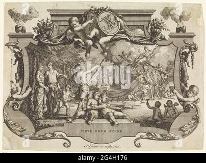 . Eine Kartusche mit Ornamenten. Die Personifizierung der Tugend spiegelt ein verliebtes Paar zum Hochzeitsboot wider, das am Ufer eines Flusses liegt. Amor bindet das Paar mit einem Seil an Virtenz. Das Boot wird von vielen Putti vorbereitet. Im Himmel Juno, die römische Göttin der Ehe. Stockfoto