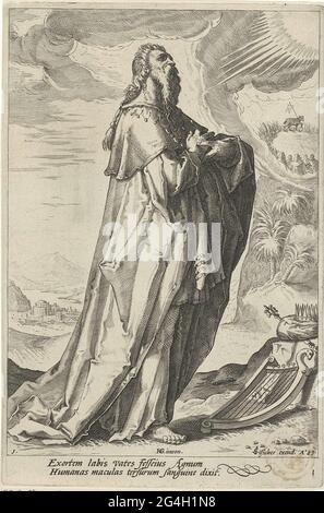 . David, mit Harfe, Krone und Zepter neben ihm. Der erste Druck aus der Serie der Propheten und die Prophezeiungen aus dem Alten Testament verschmolzen. Stockfoto