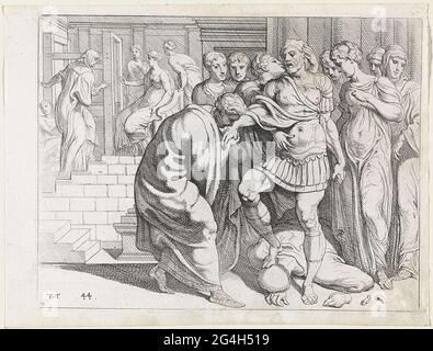 . Odysseus wird von seinen Dienern begrüßt, nachdem er die Freier und die untreuen Diener von Penelope getötet hat. Im Hintergrund bringt EURYCLEA Penelope, die sich hinter ihrem Webstuhl befindet, sie zu Odysseus. Stockfoto