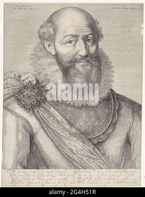 . Porträt von Maximilien de Bétune (1560-1641), Graf von Sully, Frans Staatsmann (Minister für Finanzen, Wirtschaft, Landwirtschaft und öffentliche Arbeiten) unter König Ludwig IV Büste rechts, mit Bart und Schnurrbart. Spitzenfaltenkragen, Schärpe, fixiert mit Brosche mit großem Edelstein auf der Schulter. Stockfoto