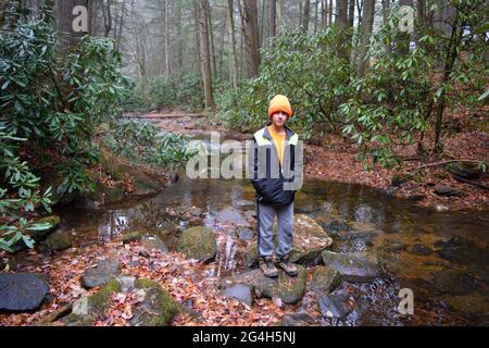 Junge, der auf moosigen Felsen in einem ruhigen Bach in der Nähe von Three Forks auf dem Appalachian Trail in Georgia, USA, steht Stockfoto