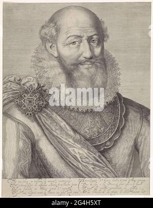 . Porträt von Maximilien de Bétune (1560-1641), Graf von Sully, Frans Staatsmann (Minister für Finanzen, Wirtschaft, Landwirtschaft und öffentliche Arbeiten) unter König Ludwig IV Büste rechts, mit Bart und Schnurrbart. Spitzenfaltenkragen, Schärpe, fixiert mit Brosche mit großem Edelstein auf der Schulter. Stockfoto