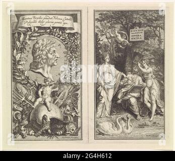. Nadelblätter mit zwei Abzügen. Links: Titelseite mit einer Kartusche, auf der eine zweibeinige Inschrift in lateinischer Sprache steht. In der Mitte ein laurisches Medaillon, auf dem das Porträt des Dichters Publius Ovidius Naso. Amor auf einem Globus und ein Adler als Symbol des Sieges. Rechts: Der Dichter Publius Ovidius Naso wurde von einem Pfeil Amors getroffen, der über ihm flog. Begleitet wird er von zwei Musen Melpomene (Horn in der Hand) und erato (Lier on the Feet). Zwei Schwäne auf dem Wasser im Vordergrund. Im Hintergrund auf einem Baum ein Schild, auf dem eine lateinische Beschriftung steht. Stockfoto