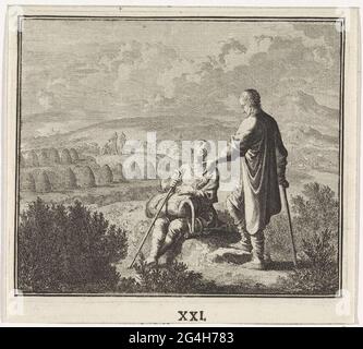. Eine Landschaft mit Feldern und im Hintergrund. Verschiedene Bienenstöcke. Im Vordergrund ein stehender und ein sitzender Mann im Gespräch. Stockfoto