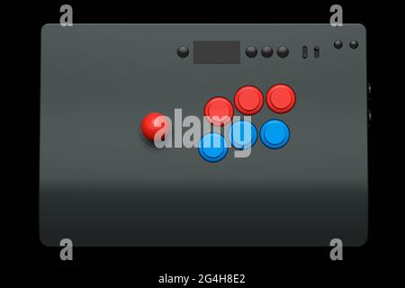 Vintage-Arcade-Stick mit Joystick und Knöpfen in Turnierqualität auf Schwarz Stockfoto