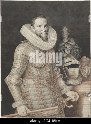 . Portrait von ambrogio spinola, Marchies de los Ball Basen, gekleidet in Rüstung mit einem Kommandantenstab in der Hand. Rechts am Tisch befindet sich der Helm. Stockfoto