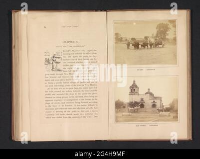 Blick auf ein Ochsenkarren-Auto und eine Kirche in Chihuahua; Ox Cart, - Chihuahua. Alte Kirche, - Chihuahua. . Stockfoto