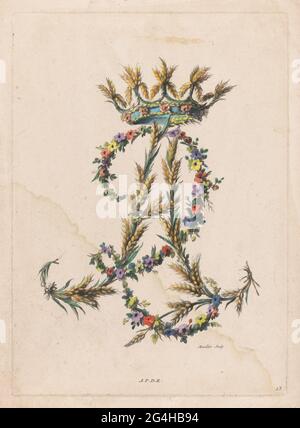 Buchstabe A; Iime Recueil de Chiffres. Dekorativer Buchstabe A von Ecken und Blütenreben. Oben eine Krone mit Ecken. Stockfoto