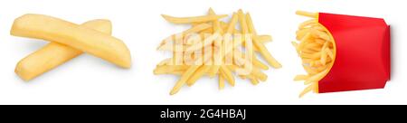 Pommes Frites oder Bratkartoffeln isoliert auf weißem Hintergrund. Set oder Collection Stockfoto