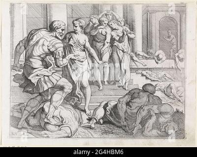 . Odysseus, der den Freecrus aus Penelope tötete, gibt seinem Futterhäuschen Eurykleia den Auftrag, alle untreuen Mitarbeiter von Penelope zusammenzubringen. Stockfoto