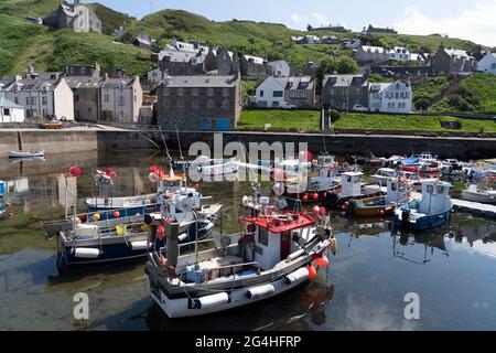 Sehen Sie sich Fischerboote im Hafen im historischen Dorf Gardenstown an der Moray firth Coast in Aberdeenshire, Schottland, Großbritannien an Stockfoto