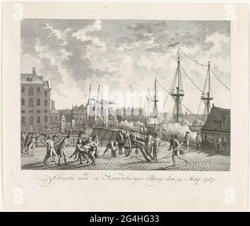 . Die Eroberung der Katzenburger-Brücke zur Insel Kattenburg auf dem rebellischen Orangen-zims durch die bewaffneten Amsterdamer Bürger, 30. Mai 1787. Linker Teil des Land Sea Magazins. Stockfoto