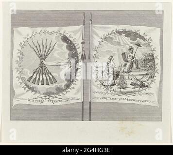 . Vorder- und Rückseite einer Banane der Amsterdamer Übung Freude an der Nützlichkeit der Schuttery, 1786. Links die Seite mit dem Emblem mit einem Arm aus den Wolken mit sieben Gewehren in der Hand und dem Motto: 's Folk-Stretch. Auf der rechten Seite der anderen Seite mit dem Emblem mit der niederländischen Jungfrau mit Löwen und Provinzwaffen, die für die Freiheit stehen, mit Amsterdams Stadtwaffe in Herrlichkeit an einer abgerissenen Säule. Dabei das Motto: Bis Nut der Schuttery. Stockfoto