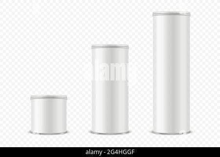 Vector 3d realistische Blank White Metal Blechdosen, Konserven, Kartoffelchips Verpackung mit Deckel Icon Set isoliert auf transparentem Hintergrund. Klein, Mittel Stock Vektor