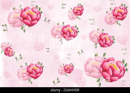 Künstlerische Aquarell floralen Hintergrund Pfingstrosen Blumen in rosa, grün und gelb Farben mit Zweig und Blätter Natur und Blüte Illustration verführen Stockfoto