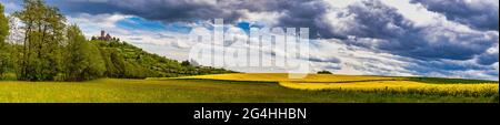 Panorama von Schloss Gleiberg mit Mohn Wiesen Stockfoto