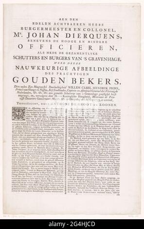 Textblatt mit Drucken der goldenen Tasse des Haager Schutterij; die Adligen Eight Burger und Collonoel, Herr Johan Dierquens (...). Textblatt mit einer Beschreibung des goldenen Bechers von Stadholder Willem IV., der dem Schutterij in Den Haag versprochen und nach seinem Tod von Prinzessin Anna am 8. Mai 1753 überreicht wurde. Der Becher von Philippe Métayer in Amsterdam. Gefaltetes Blatt auf drei Seiten bedruckt mit der Beschreibung und einem frischen. Stockfoto