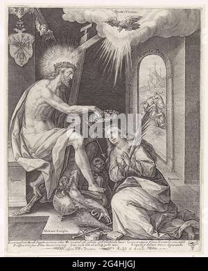 . Allegorische Schau mit Christus als Bräutigam (sponsus), der seine Braut krönen (sponsa), die vor ihm kniet. Die Frau hält einen Palmenzweig in ihren Händen. Christus sitzt auf einem Thron und trampelt den Tod, der als Skelett und Teufel dargestellt wurde. Der Heilige Geist erscheint über dem Brautpaar in Form einer Taube. Durch eine Tür kann man das Kreuz zwischen Christus und den Verbrechern und den Berg Golgota mit den drei Kreuzen sehen. Oben links ein Wappen mit den Beifahrerwerkzeugen. Am Rand eine sechszeilige Beschriftung, in drei Spalten, in Latein. Stockfoto
