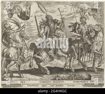 . Drei berühmte Gebiete aus der christlichen Ära zu Pferd, die zu den neun besten gehören. Links König Arthur Mer in der Hand, in der Mitte Karl der große mit Schwert und Zepter und rechts Godfried von Bouillon mit einem Banner in der Hand. Stockfoto