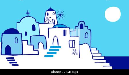 Griechenland handgezeichnete Illustration. Die Straßen der Altstadt von Santorin, traditionelle und berühmte Häuser und Kirchen mit blauen Kuppeln Stock Vektor