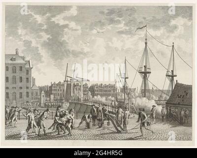 . Die Eroberung der Katzenburger-Brücke zur Insel Kattenburg auf dem rebellischen Orangen-zims durch die bewaffneten Amsterdamer Bürger, 30. Mai 1787. Linker Teil des Land Sea Magazins. Stockfoto