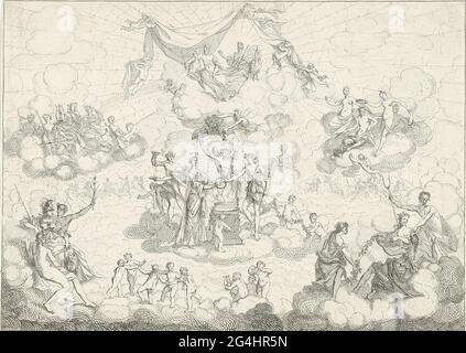 . In der Mitte Bacchus und seine Braut Ariadne an einem brennenden Altar. Zusätzlich zu Juno und Jupiter in den Wolken. Auf den Wolken links die Musen und rechts die drei Genüsse. Links für Minerva und Merkur, rechts für Pluto mit zwei Kanten. Stockfoto