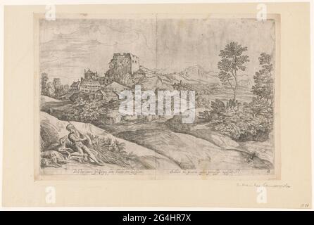 Landschaft mit Siedlung und einem Hirten; Pastor Amat Spectatque suum Blando Ore Lyciscam, / scilicet Hic Pecoris Custos Pecorisqus Magistri Est; Landschaften zu Domenico Campagnola. Landschaft mit einer Siedlung. Im Vordergrund links ist ein Hirte mit seinem Hund und seinen Ziegen im Gras. Titel in lateinischer Sprache in Undermarge. Rechts unten nummeriert: 18. Stockfoto