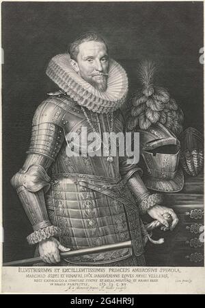 . Portrait von ambrogio spinola, Marchies de los Ball Basen, gekleidet in Rüstung mit einem Kommandantenstab in der Hand. Rechts am Tisch befindet sich der Helm. Stockfoto